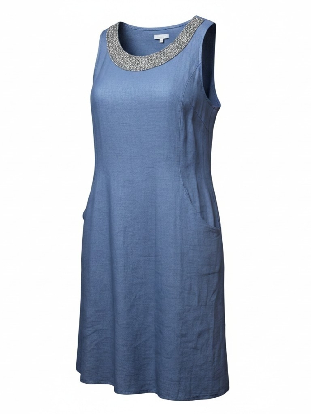 LINA TOMEI Made in Italy | 100% Linen Sleeveless‎ Beaded Shift Dress Pockets | L